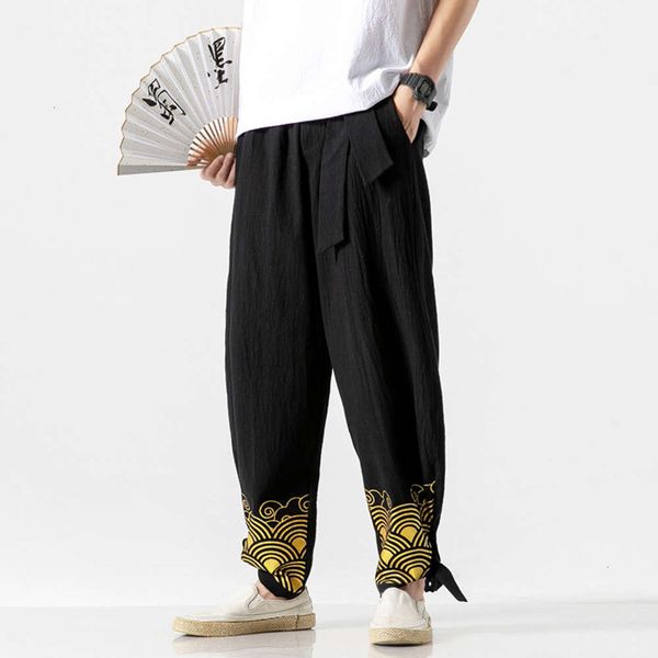 men's pants chinese style gold wave printing lantern leggings casual trend cotton linen ft52, Black